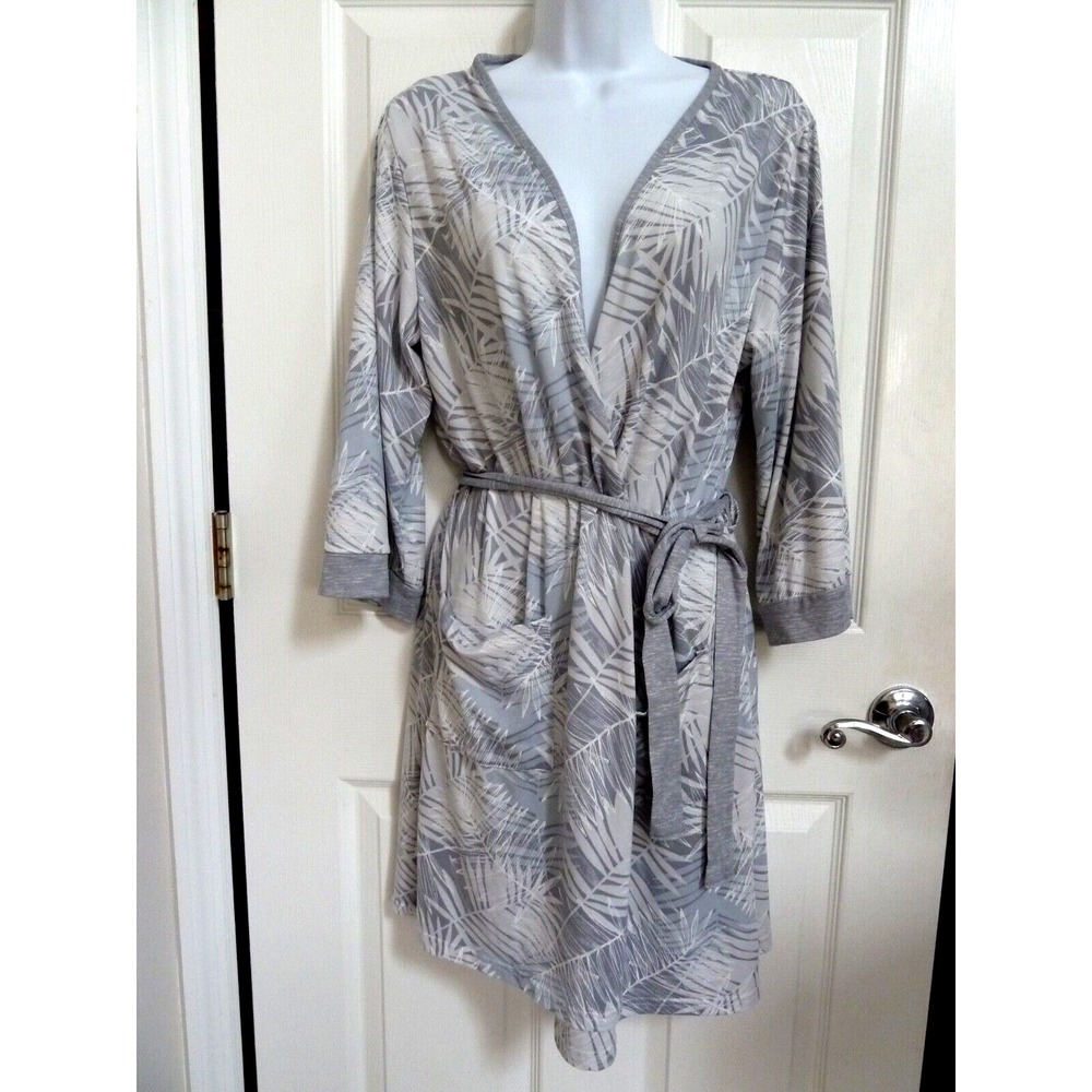 Rae Dunn Women Gray White Tropical Palm Frond Robe Medium Knee Length 3/4 Sleeve